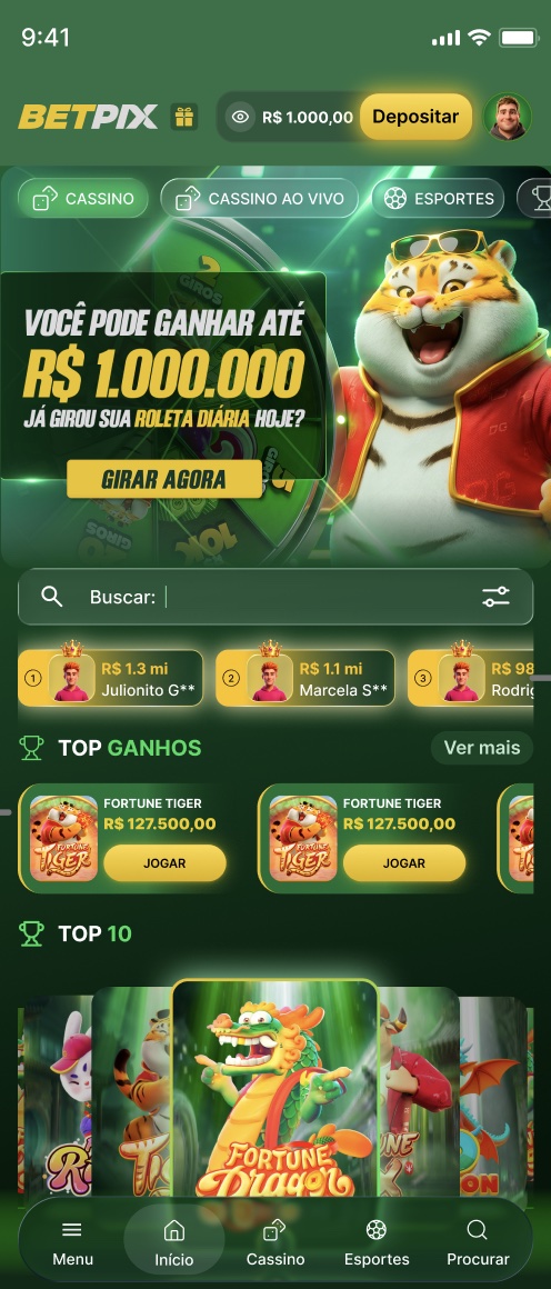 Home do BETPIX no mobile com usuário logado: saldo, botão Depositar, banner da roleta diária, Top Ganhos, Top 10 e navegação inferior