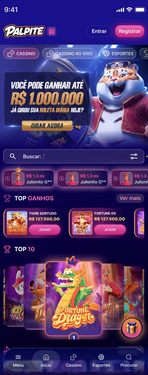 Home do PALPITE no mobile: atalhos de categoria, banner da roleta diária, Top Ganhos, Top 10 e barra de navegação inferior