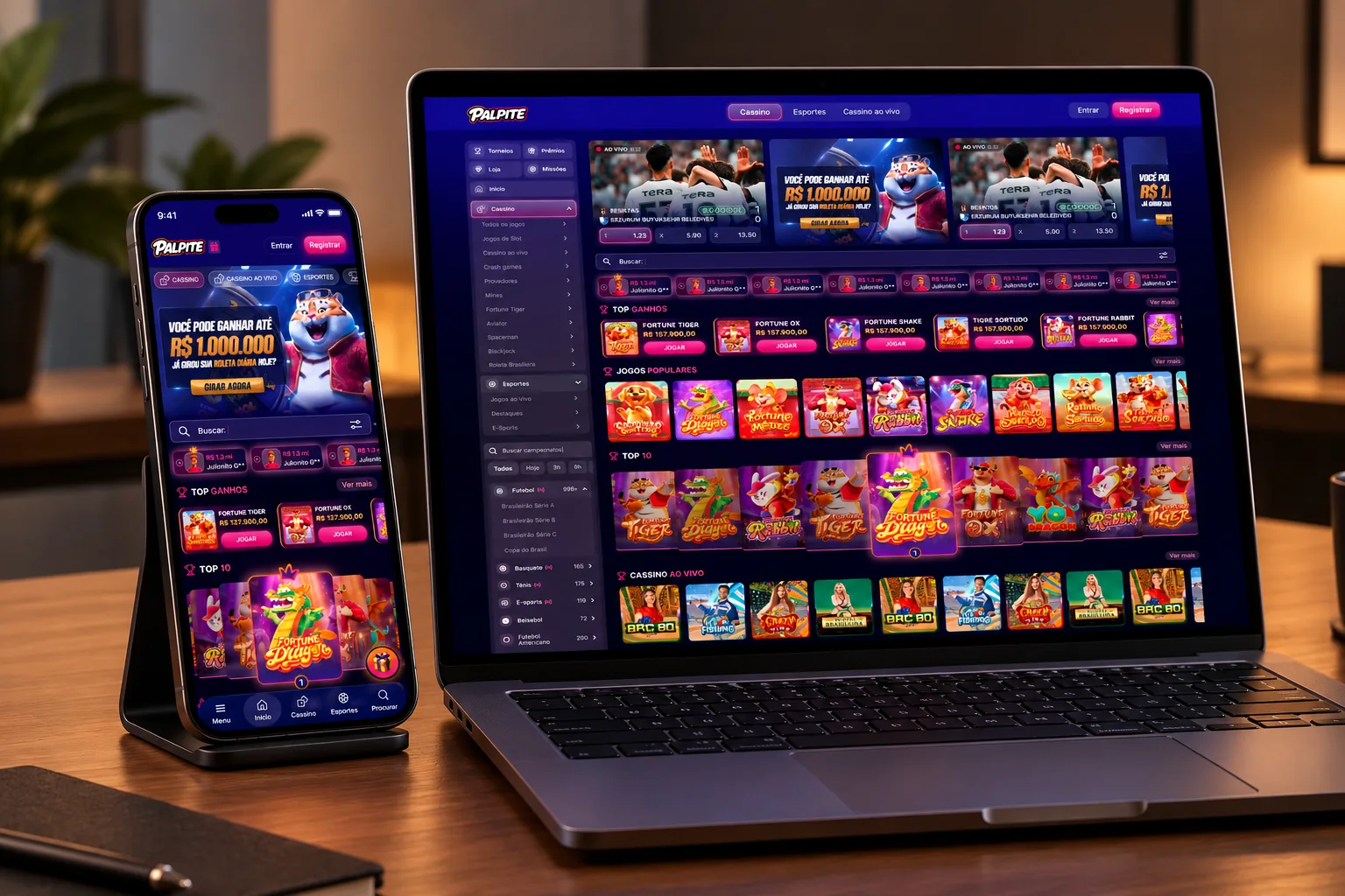 Mockup do PALPITE: home mobile num celular e home desktop num notebook, sobre uma mesa