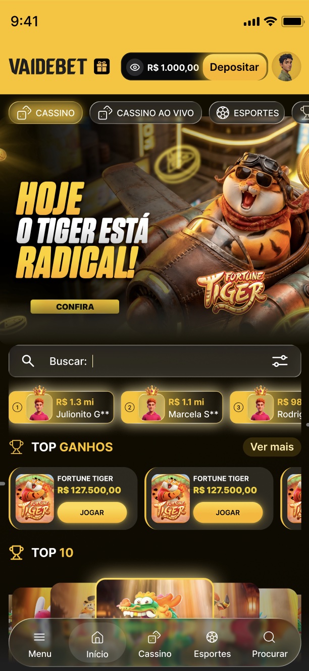 Home do VAIDEBET no mobile com usuário logado: saldo, botão Depositar, banner Fortune Tiger, Top Ganhos, Top 10 e navegação inferior
