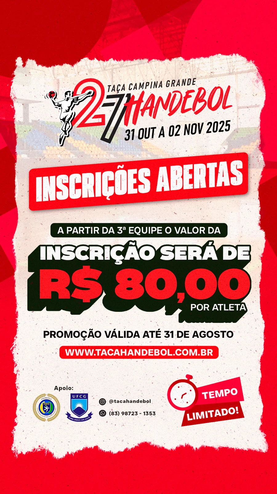 Story: Inscrições abertas, inscrição de R$ 80,00 por atleta